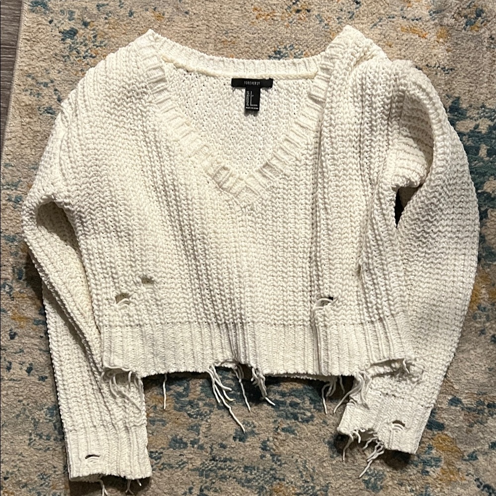 Forever 21 Cream Distressed V-Neck Sweater